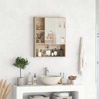 Armoire de salle de bain murale avec miroir, meuble de salle de bain, 5 compartiments et étagère réglable, 60 x 15 x 76 cm, chêne