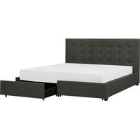 Lit Double 180x200 cm en Tissu Gris Foncé Tête Capitonnée Cadre à 2 Tiroirs Rochelle