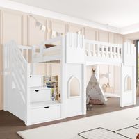 Lit mezzanine enfant 90x200 cm avec escalier de rangement et fenêtre, barrière de sécurité, sans matelas, blanc