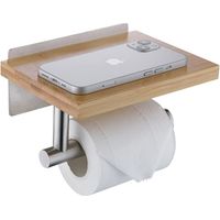 Porte-Rouleau de Papier Toilette avec étagère en Bambou Naturel, Porte-Papier Toilette Salle de Bain sans Perçage, Porte-Rouleau Nickel Brossé, H98903BN