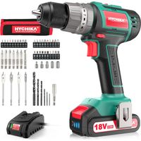 HYCHIKA Trapano Avvitatore Batteria 18V, Brushless 60Nm Trapano a Percussione, 2.0Ah Batteries, 53 Accessori, Caricatore Rapido, 21+3 Coppie, 2 Velocità Variabile, 0-500/0-2000 RPM
