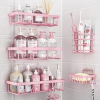 Shower Caddy - Stainless Steel Adhesive Wall-Mounted Bathroom Organizer Set - For Shower Interior - 5 Pieces Including Shelves Soap Holder Toothbrush Holder - Pink