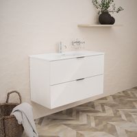 Inda - Badezimmerschrank B.100 mit glänzendem Waschbecken / Weiß glänzend 2 Schubladen - Topazio