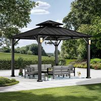 Stahl Gazebo 3x3 m, Stahldach Hardtop Gartenpavillon, Doppeldach Pavillon mit Solar LED, Modern Shade