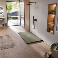 BELLOBATH - Receveur de douche en résine antidérapant - Texture ardoise douce - Avec la bonde et la grille comprises - Kaki - 80 X 90 cm