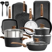 Kitchen Academy Non-Stick Pots and Pans Set, 17 Piece Granite-Coated Kitchen Cookware Set, Induction Cooking Saucepan Set, Black