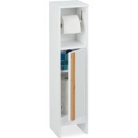 Relaxdays – Serviteur de papier toilette sur pieds – Dimensions H 75,5 x L 18,5 x P 18,5 cm – MDF blanc et bambou naturel – Design compact pour petits espaces