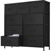 Commode contemporaine à 9 tiroirs en tissu avec poignées, structure en métal, 100 x 30 x 100 cm (noir)