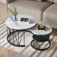 Lot de 2 tables basses gigognes rondes – Plateau effet marbré noir – Cadre métallique – Structure solide facile à nettoyer – Design moderne idéal salon salle à manger balcon