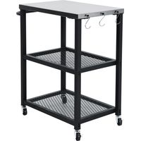 Taino – Chariot de barbecue noir en acier inoxydable – Dimensions 72 x 41 x 80,5 cm – 4 roulettes dont 2 verrouillables – 3 crochets latéraux