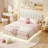 Doppelbett 140x200 cm, schwebendes Polsterbett, mit LED-Beleuchtung und Latten-Kopfteil, aus Leinen, inkl. Lattenrost und Metallrahmen, für Erwachsene und Jugendliche geeignet, Beige