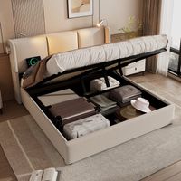 Bett 160 x 200 cm – Bettkasten 160 x 200 – Leinen + Leselampe + Kopfteil mit USB-Anschluss + Lattenrost – Beige