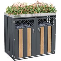 Abri poubelle extérieur 2 portes verrouillable avec jardinière, cache poubelle double en acier galvanisé, gris aspect bois, 132x80x124,5 cm
