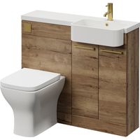 Napoli 250 Tobacco Oak 1000mm 2 Door Vanity Unit Toilet Suite with Right Hand Round Rico Semi Recessed Basin - 1000mm - Brushed Brass 160mm HandleWith Kingston Toilet Pan and Seat