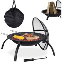 Relaxdays – Brasero en acier noir Ø56,5 cm – Couvercle pare-étincelles – Grille barbecue – Tisonnier inclus – Pour jardin et terrasse