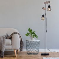 Etc-Shop – Lampadaire liseuse vintage réglable en hauteur – Métal noir et bois – Abat-jour en treillis – 2x douilles E27 – Dimensions 38,5x23x150 cm