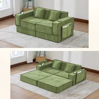 Canapé double moderne avec un canapé convertible confortable, équipé de deux coussins. Un petit tabouret décoratif, doté d’un espace de rangement sur les côtés et de supports pour les boissons
