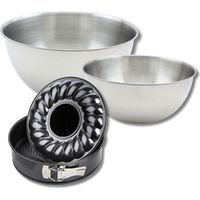Lot comprenant 1 Moule à manqué et à savarin 24 cm, 1 spatule Zenker et 2 bols à mixer en inox Fackelmann