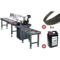 Scie à ruban pour métaux 225 mm – Angle réglable jusqu'à 60° – Moteur 1,5 kW 230V – Vitesse variable 20-90 m/min – 5 lames et 2 convoyeurs – Optisaw