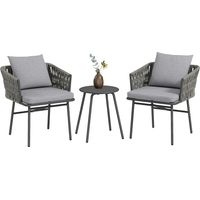 3-teiliges Außenmöbel-Set, 2 Stühle, 1 Tisch, Bistro-Set, Kunst-Rattan, Stahlrahmen, Metalltisch, 4 Kissen, Grau