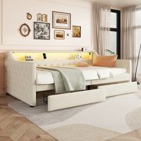 Divano letto, 90 x 200 cm, divano letto, divano letto con rete a doghe (senza materasso), luce d'atmosfera con telecomando, letto con due cassetti, presa di ricarica USB, biancheria, beige