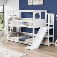 Literas de 90x200 cm - literas infantiles con estante de almacenamiento y tobogán - blancas - sin colchón