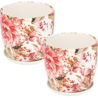 Lot de 2 pots de fleurs en céramique pour fleurs, plantes, diamètre 17 cm avec bac d'égouttement et fleurs