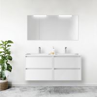 Meuble de salle de bain suspendu 120 cm en bois blanc brillant avec vasque intégrée - Nova - Avec miroir et double lampe LED