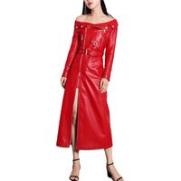 Robe maxi pour femme Printemps Automne Robe en cuir PU à manches longues Robe élégante