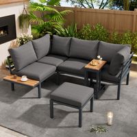 Canapé d'extérieur avec table basse et table d'appoint (repose-pieds), cadre en acier galvanisé, plateau bois composite, gris et noir, pour balcon ou jardin.