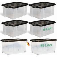 Coffret de rangement Novaliv 6 pièces avec couvercle, anthracite, 2x55 L + 4x15 L, emboîtables, empilables, fermeture à clip, boîtes à roulettes
