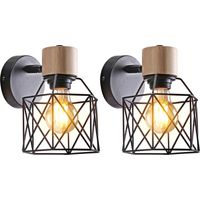 NORCKS (2X) Retro Wall Lights Modern Nordic Wall Lamp Wood Metal Wall Sconce Cage Vintage Wall Light E27 (Black)