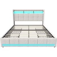Lit 160x200cm et sommier - Cadre de lit 140x200cm avec 4 tiroirs - tête de lit rangement - LED + type C + USB - lin - Beige