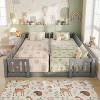 Lit enfant Montessori 180x200 cm avec barrière de sécurité, Lit au sol en Pin massif, Lit simple - Gris