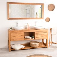 Wanda Collection – Meuble sous vasque double en teck 160 cm – Résistant à l'humidité – Rangement pratique avec niche et plateau – Design moderne