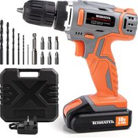 Terratek 18V Cordless Drill Driver with 1 Hour Fast Charge Lithium Battery, 13 Piece Kit and Carry Case