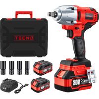 Teeno – Clé à chocs sans fil 20V 600Nm – Moteur Brushless – 2 batteries 4.0Ah – 4 douilles 17/19/21/22mm – Pour automobile et bricolage