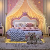 Cama individual tapizada de 140x200 cm para niños, cama para niña con iluminación LED y control mediante aplicación, cama infantil con diseño de nube, cabecero regulable en altura, terciopelo rosa y b