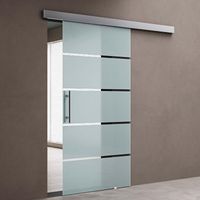 doporro Glasschiebetür Komplettset 90 x 205 cm 15 mm Wandabstand Schiebetür mit ESG-Sicherheitsglas Zimmertür Glas mit 5-Milchglas-Streifen mit Stangengriff Amalfi-plus 13