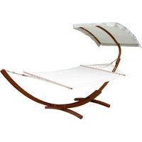 Habitat Et Jardin – Hamac sur pied en bois Dallas XL – Toile en coton écru – Avec auvent – Charge max 180 kg – Dimensions 401 x 119 x 217 cm