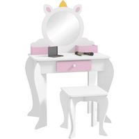 ZONEKIZ tocador infantil con taburete y espejo, tocador para niñas con cajón, compartimentos, diseño de unicornio, para niños de 3-6 años, blanco