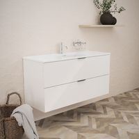 Inda - Badezimmerschrank B.120 mit glänzendem Waschbecken / Weiß glänzend 2 Schubladen - Topazio