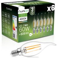 6 bombillas LED E14 tipo vela BA35 7W = 60W 806lm 4000K Neutro 360° Filamento Lumiled