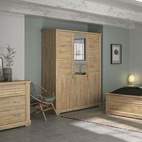 Armoire 3 portes châtaignier cérusé avec miroir – 2/3 penderie, 1 tablette, 1 tringle, 1/3 lingère avec 4 tablettes – Fixation murale recommandée – Gami