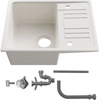 HOROW 57 x 45 cm Lavello da cucina in quarzo, bianco, lavello da incasso, grande 1 bacino, lavello da cucina, con sifone, con foro per rubinetto