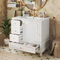 Meuble vasque salle 76.54787.5cm de bain avec vasque en céramique, rangement spacieux, poignées dorées, antibactérien avec trop-plein, blanc
