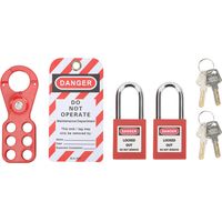 Kit de bloqueo industrial LOTO: 4 candados de seguridad con pestillo + etiquetas a prueba de manipulaciones + grillete de acero de 25 mm