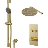 Colore Round Brushed Brass Concealed Push Button Shower Valve and 300mm Thin Round Fixed Head with Wall Arm and Round Slide Rail Kit with Round Elbow - 2 Outlet
