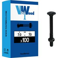 Boulon classique 7x70 mm zingué noir – Tête ronde avec collet carré – Filetage partiel – Boîte de 100 écrous hexagonaux inclus – Viswood