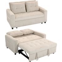 2-Sitzer Sofabett, Cordbezug, zum Schlafsofa umwandelbar, 2 Kissen, Seitentaschen, 157 x 190 cm, Cremeweiß